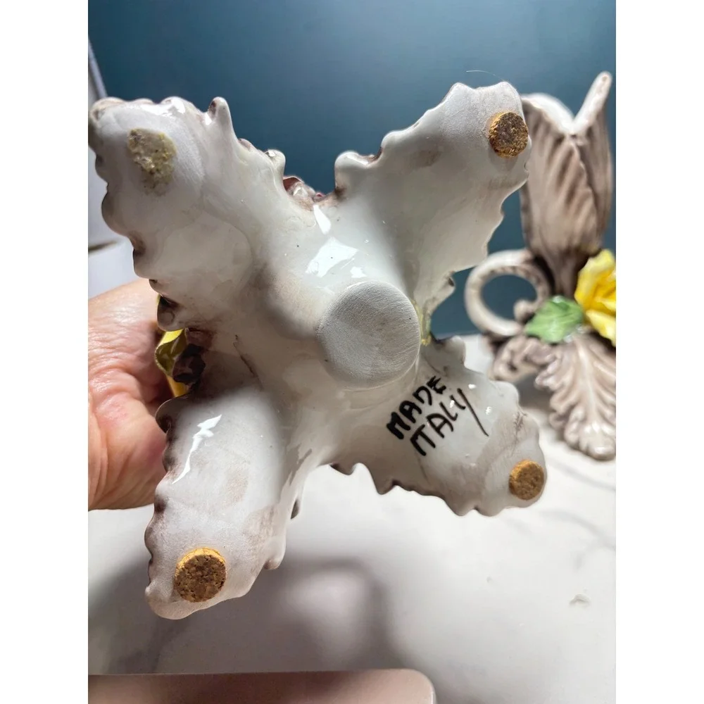 Vintage Capodimonte Italy Ceramic Floral Candlestick Holders Pair 7